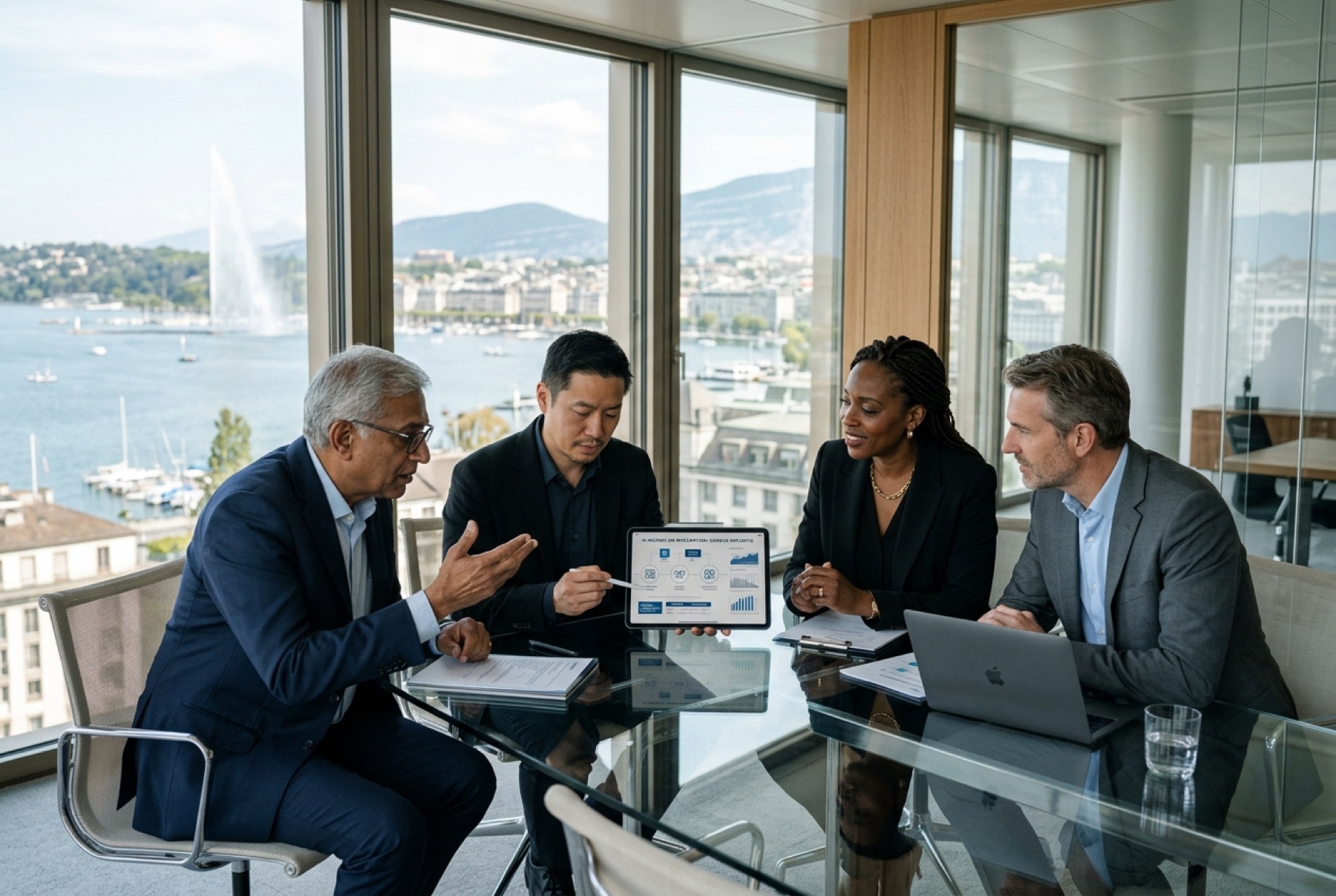 Diverse executive consulting team collaborating on technology, engineering, and AI strategies in Geneva